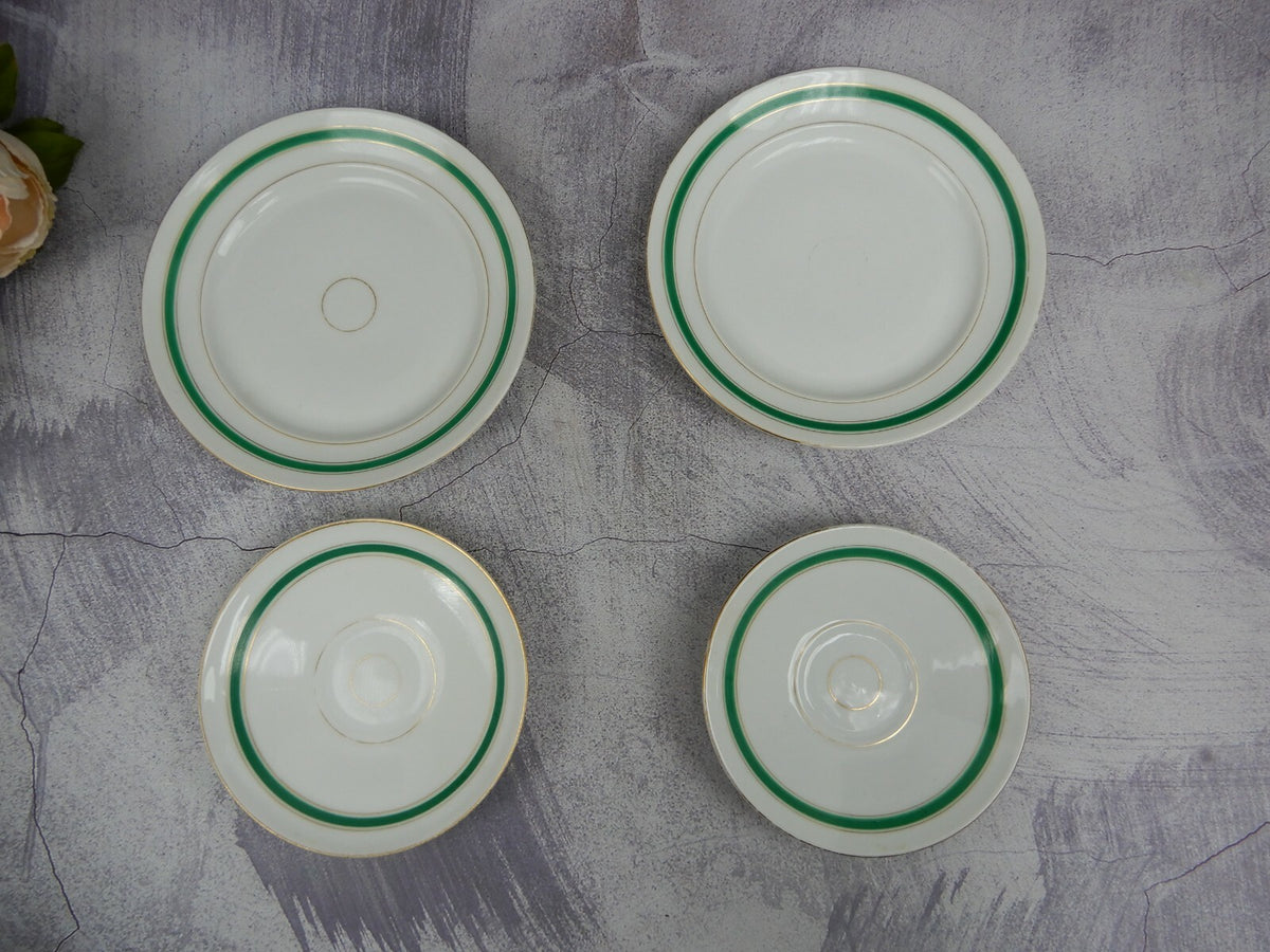 Two Set Antique White,Green and Gold Trim Tea Set Trio Cup,Saucer,Dessert Plate