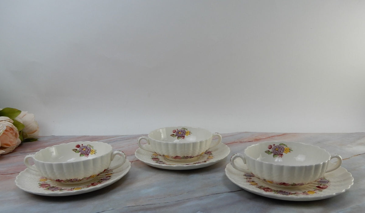 Vtg Copeland Spode "Rose Briar" Set of 3 Cream Soups and Saucers Made In England