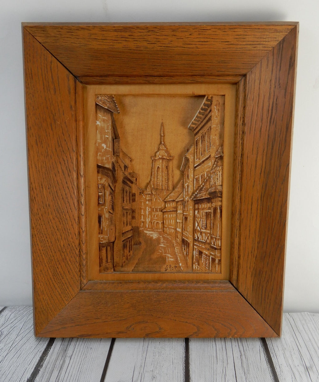 Vtg. Hand Carving of an Old Town Wall Decoration Frame Wall Plaque Signed E.Rott