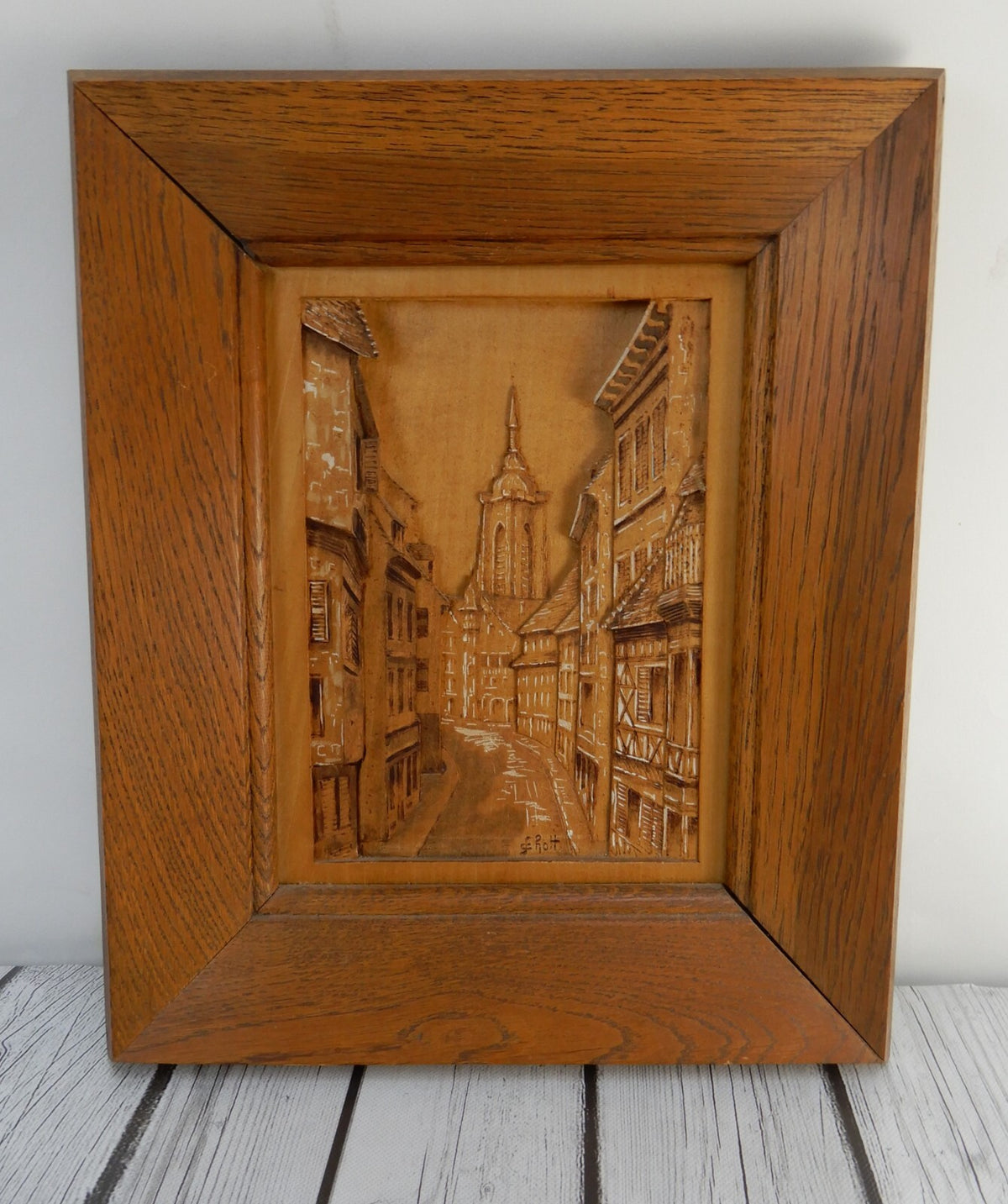 Vtg. Hand Carving of an Old Town Wall Decoration Frame Wall Plaque Signed E.Rott