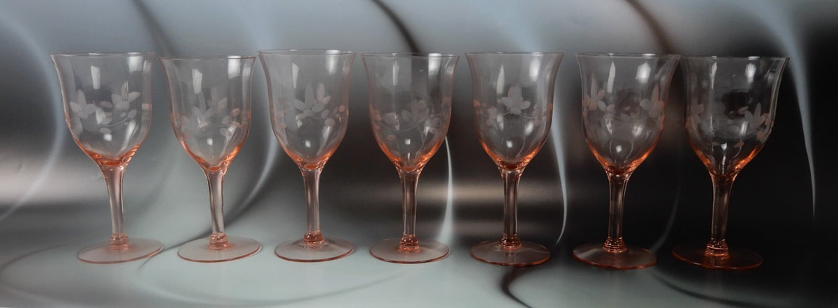 Set of 7 Pink Depression Floral Etched Stemware Wine Glasses ~10 Fluid Ounces