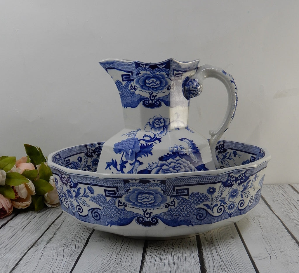 Antique Mason's Ironstone Blue Pheasant Pattern,Wash Bowl & Pitcher Set Ca.1815