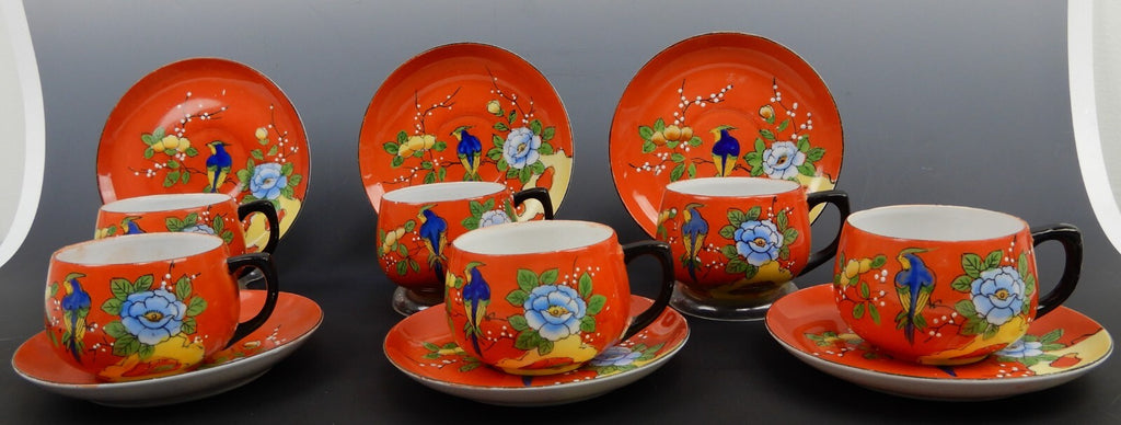 Set of 6 Chikaramachi Japan Hand Painted Bird Asian Florals Cup and Saucer