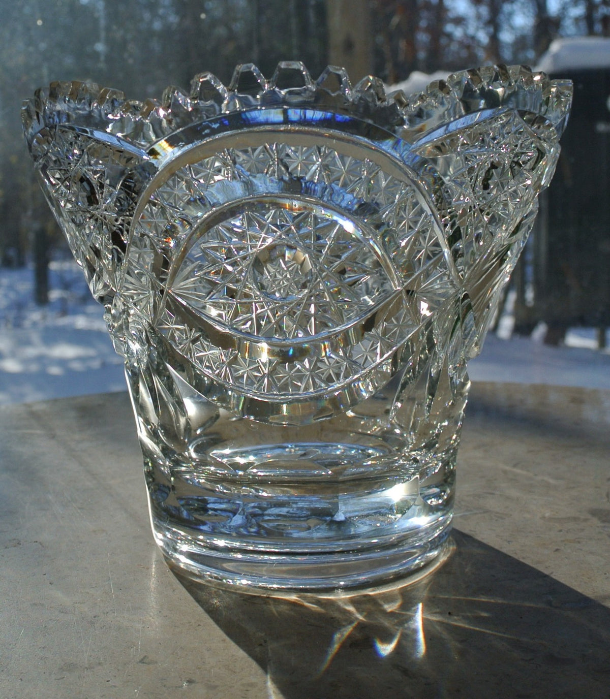 American Brilliant Period Hand Cut Glass Vase w/Hobstar, Pinwheels,Saw Tooth Rim
