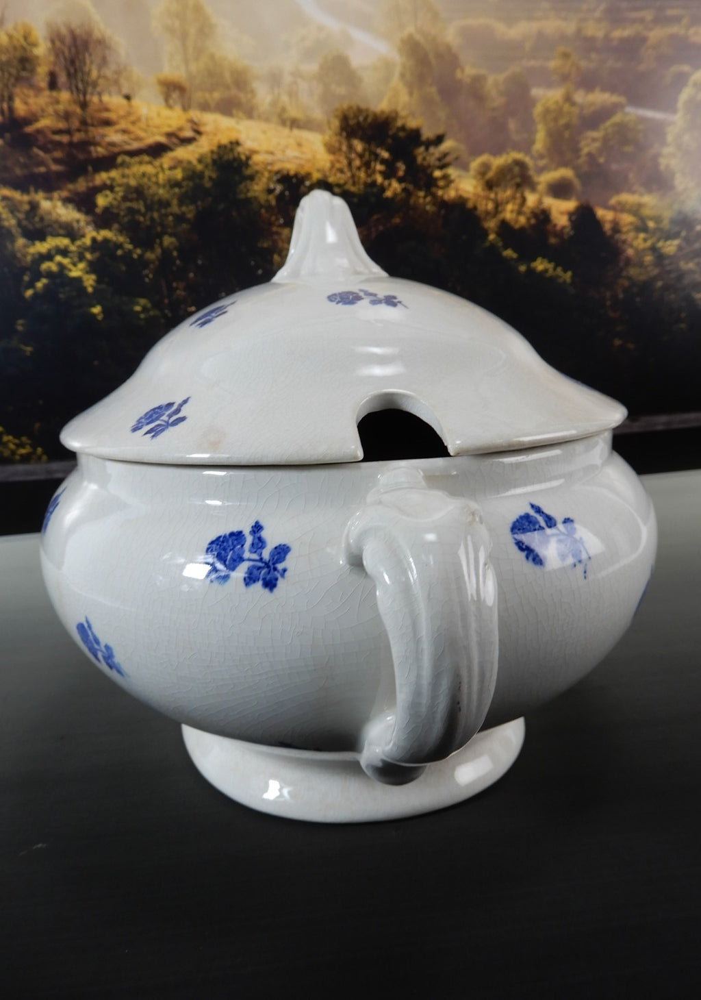 Antique GEFLE Porcelain Soup Tureen, Blue Rose Motif, Swedish Transferware
