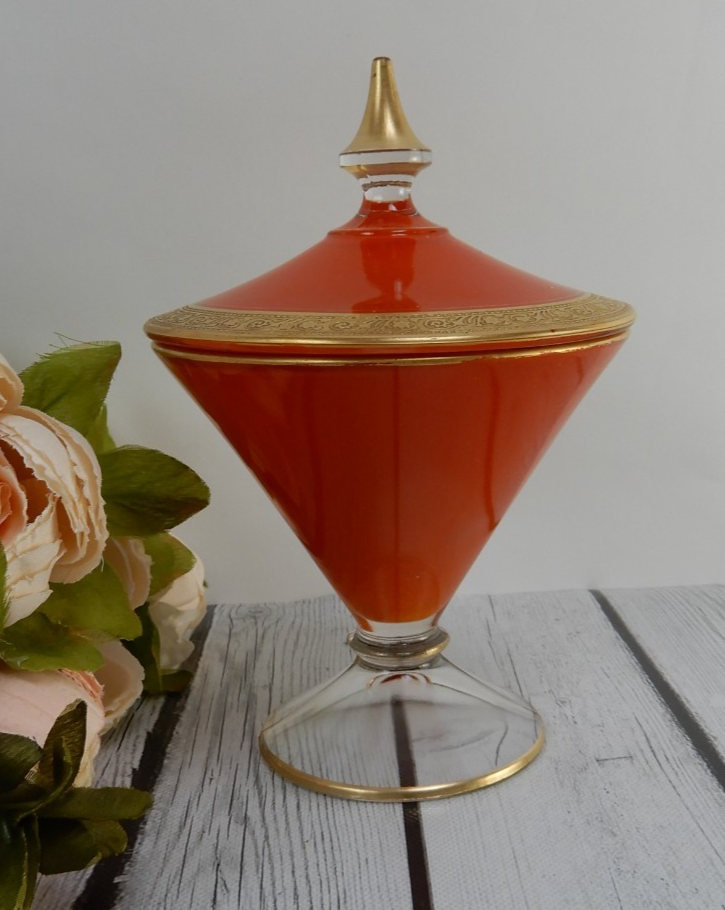 Vintage Rambler Rose Orange Glass Gold  Footed Candy Dish w/Lid