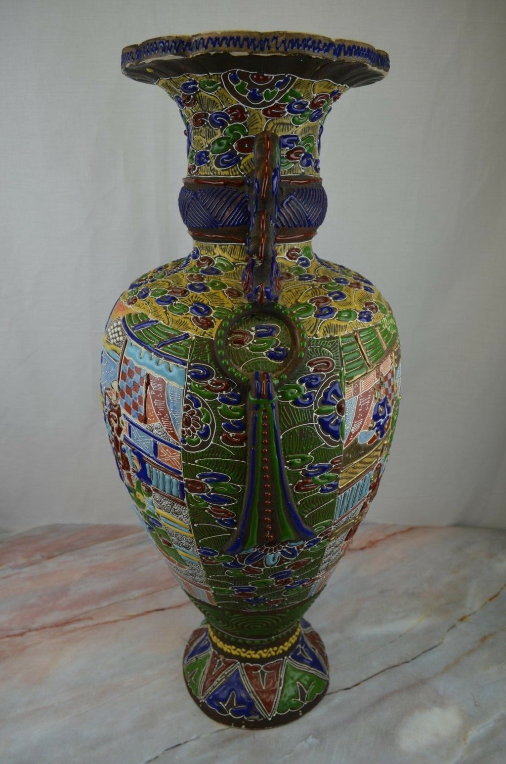 Antique c. Meiji Japanese Moriage Satsuma Detail Handpainted Vase,25" Tall~ B