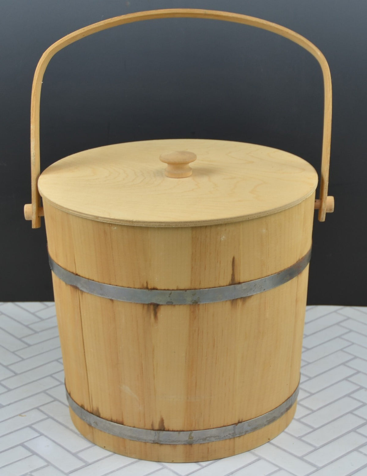 Vintage Metal-Banded Rustic Wooden Display Bucket with Lid 10-1/2" High