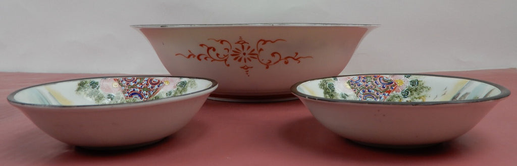 Geisha Girl Embossed Hand-Painted Japan Porcelain Bowl and 6 Berry Bowls Set