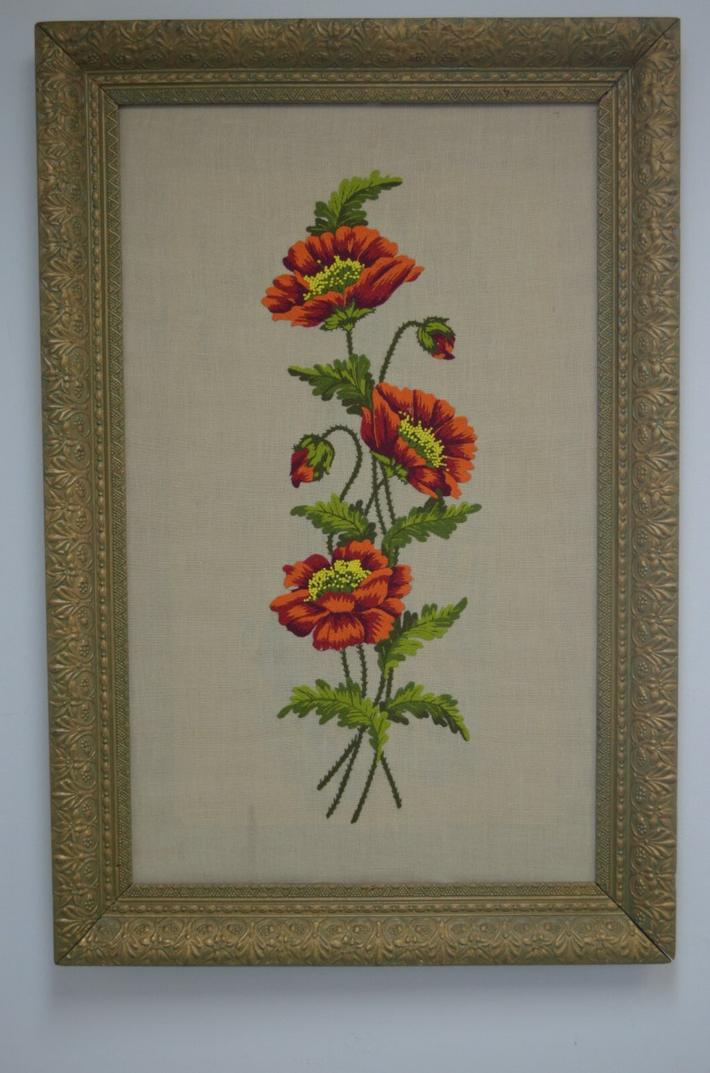 Vintage Big Ornate Resin Frame with Needlepoint Poppy Flowers 42-3/8" Tall