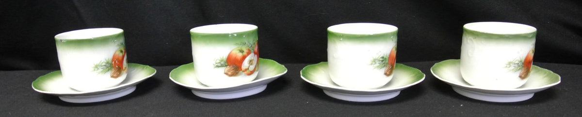 4 Vintage Lion Mark Made in Bavaria Green Cups & Saucers Decorated with Apples