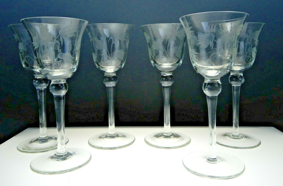 Set of 6  Elegant Etch Cordial Cocktail Glasses with Flowers