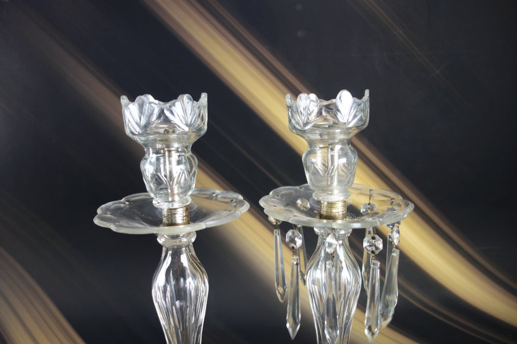 2 Glass Table Lamps /Candle Holders One W/ Hanging Crystals For parts or Repair