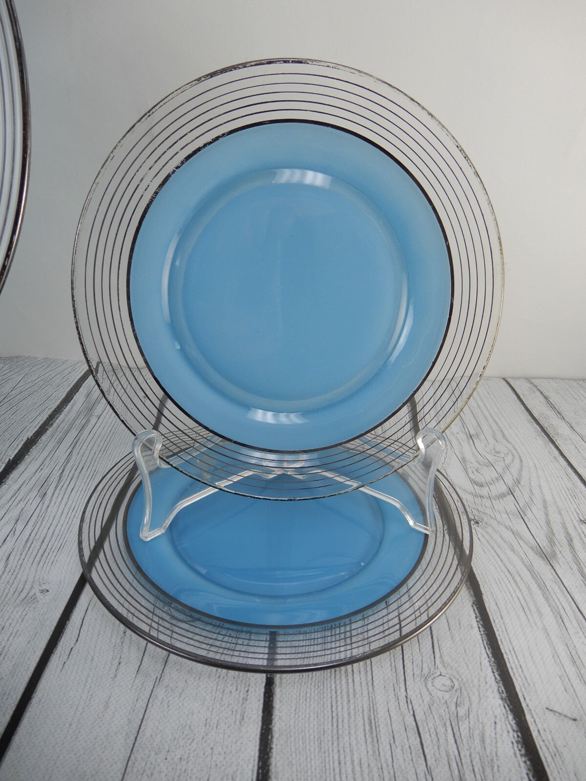 Set of Silver Rim Glass Blue Color Cake Plate and 8 Piece 7-1/2" Dessert Plates