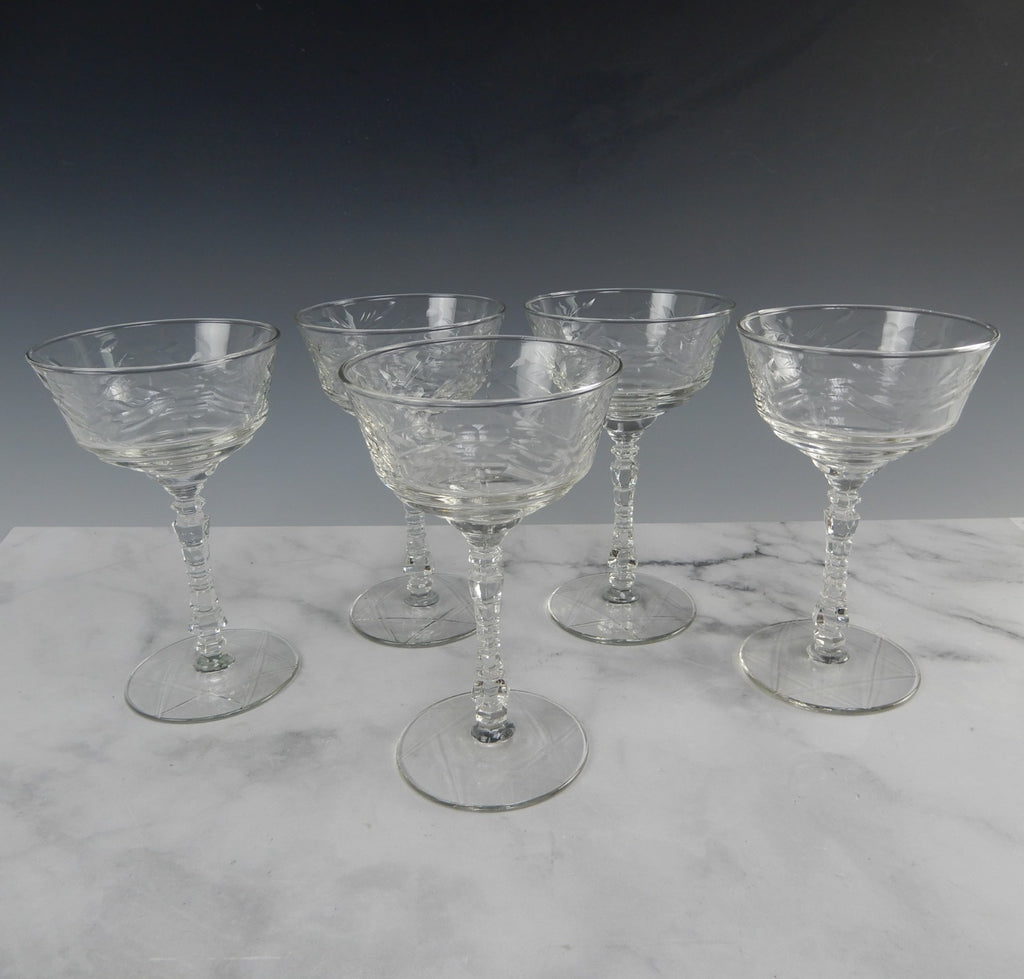 Set of 5 Pcs Pcs Libbey Rock Sharpe Etched Glass Arctic Rose Champage Glasses 6"