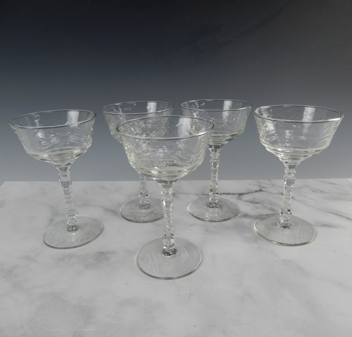 Set of 5 Pcs Pcs Libbey Rock Sharpe Etched Glass Arctic Rose Champage Glasses 6"