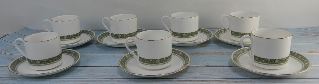 Royal Doulton Rondelay Gold Green Band H5004 Set of 7 Espresso Cups and Saucers