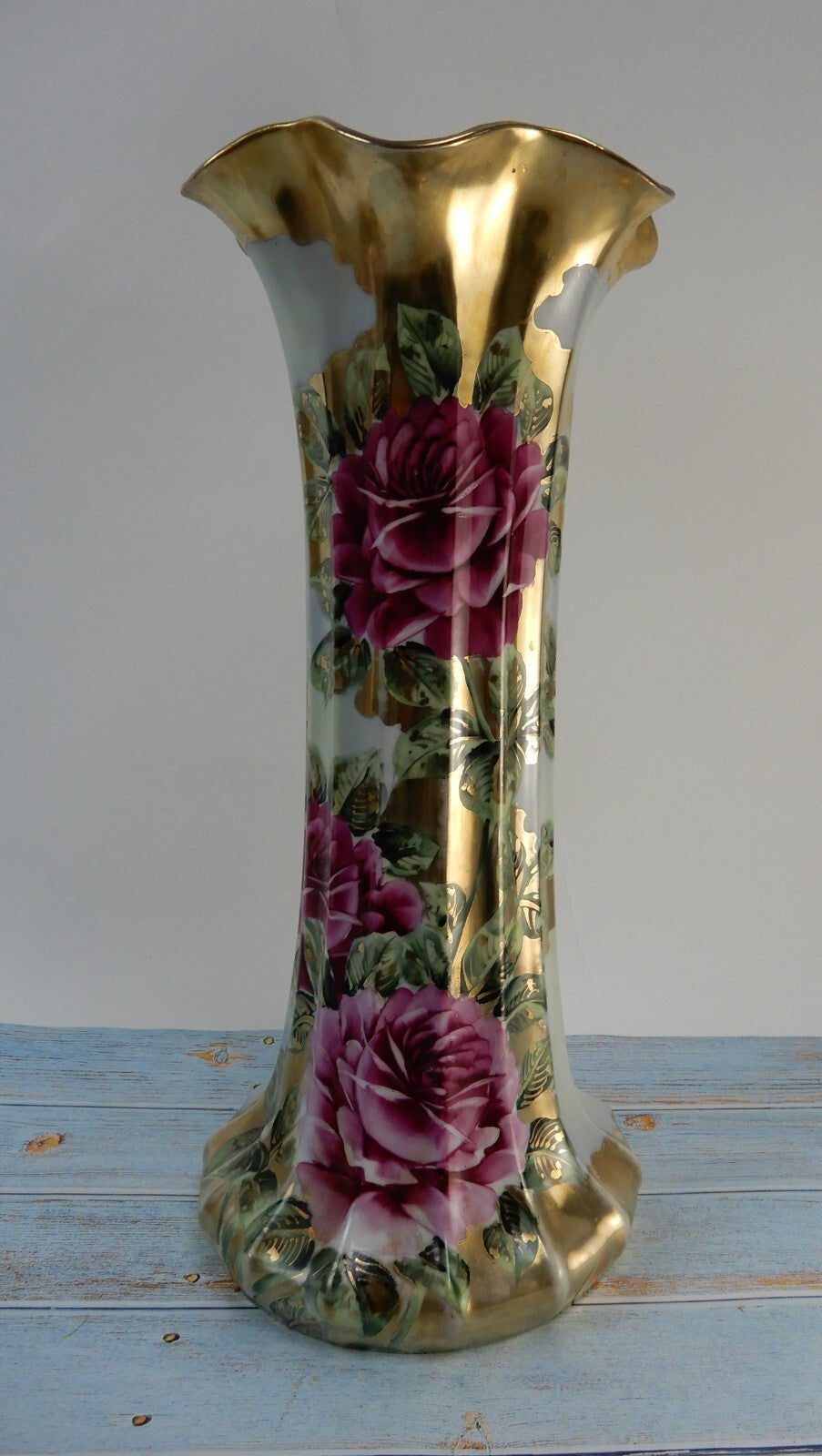 Vtge 15" Tall with Pink Roses and Gold Flute Shape Porcelain Vase No Manufacture