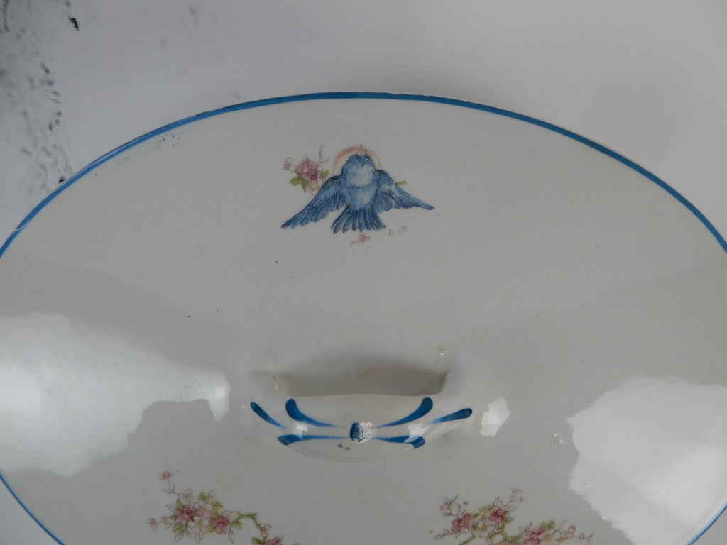 Vintage Homer Laughlin Blue Bird Decal Pattern Oval Covered Casserole ca. 1930