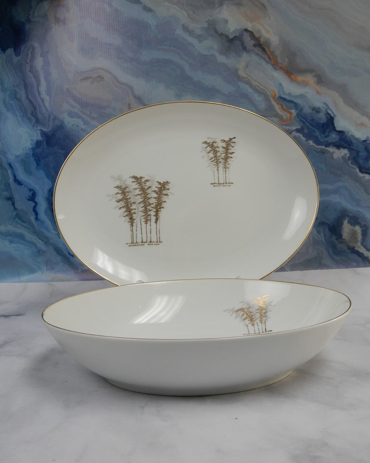 FUKAGAWA Arita Japan ~Gold Bamboo Oval Serving Bowl and 12" Platter