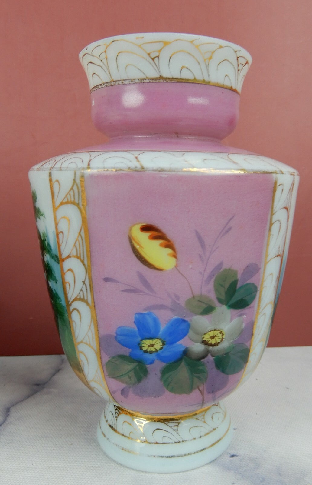 Vintage Glass Vase Footed Hand Painted with Courting Couple