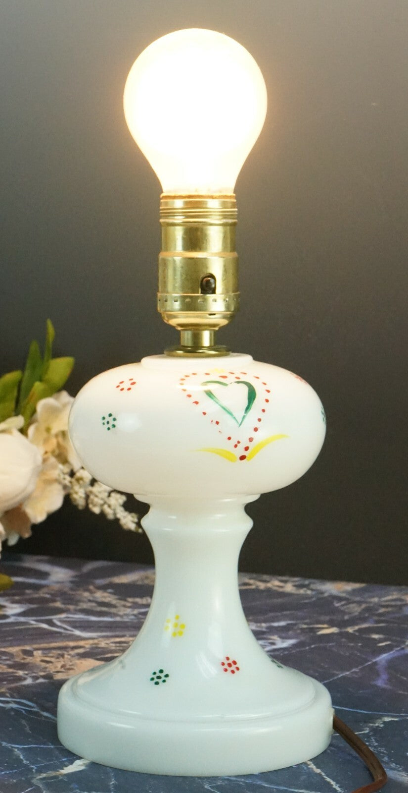 Vintage Glass Table Lamp with Hand Painted Hearts Design Milk Glass