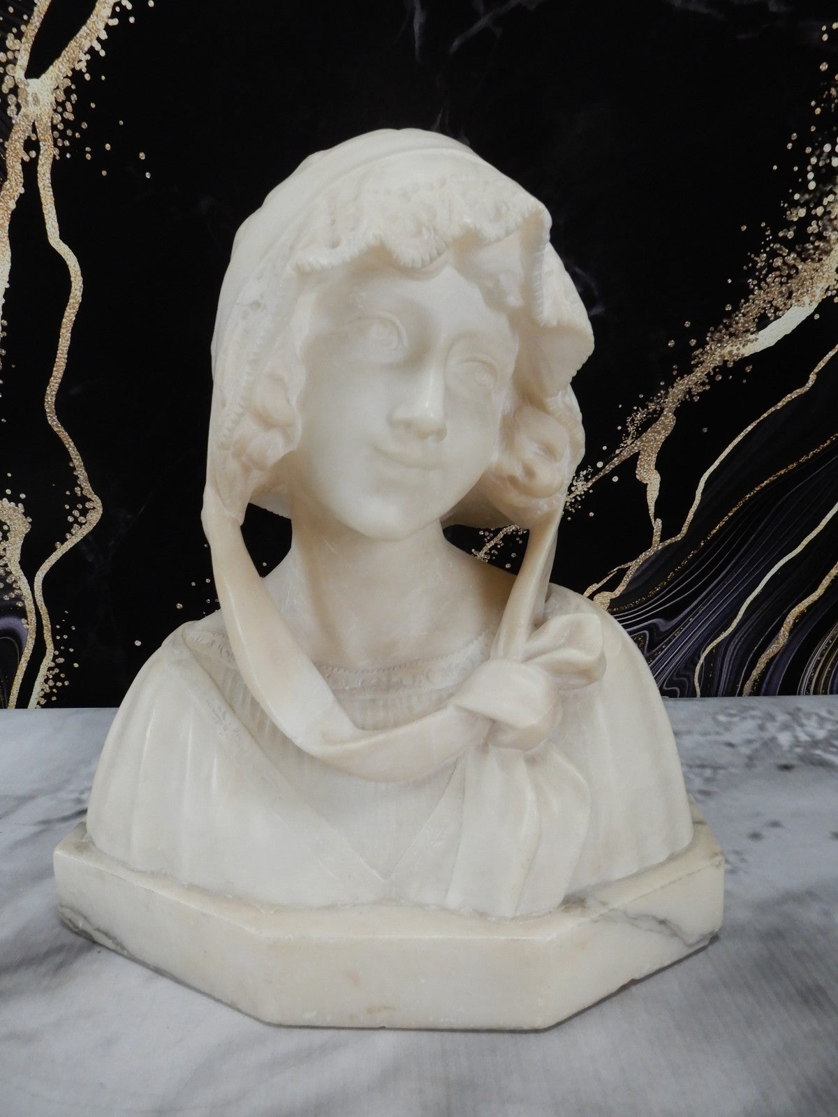 Alabaster Marble Bust Statue Young Woman Signed Stiaccini Florence Italy 10.5"H