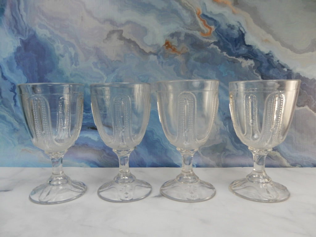4 Curtain Tie Back Water Goblet Tumblers Early American Pattern Glass Adams & Co