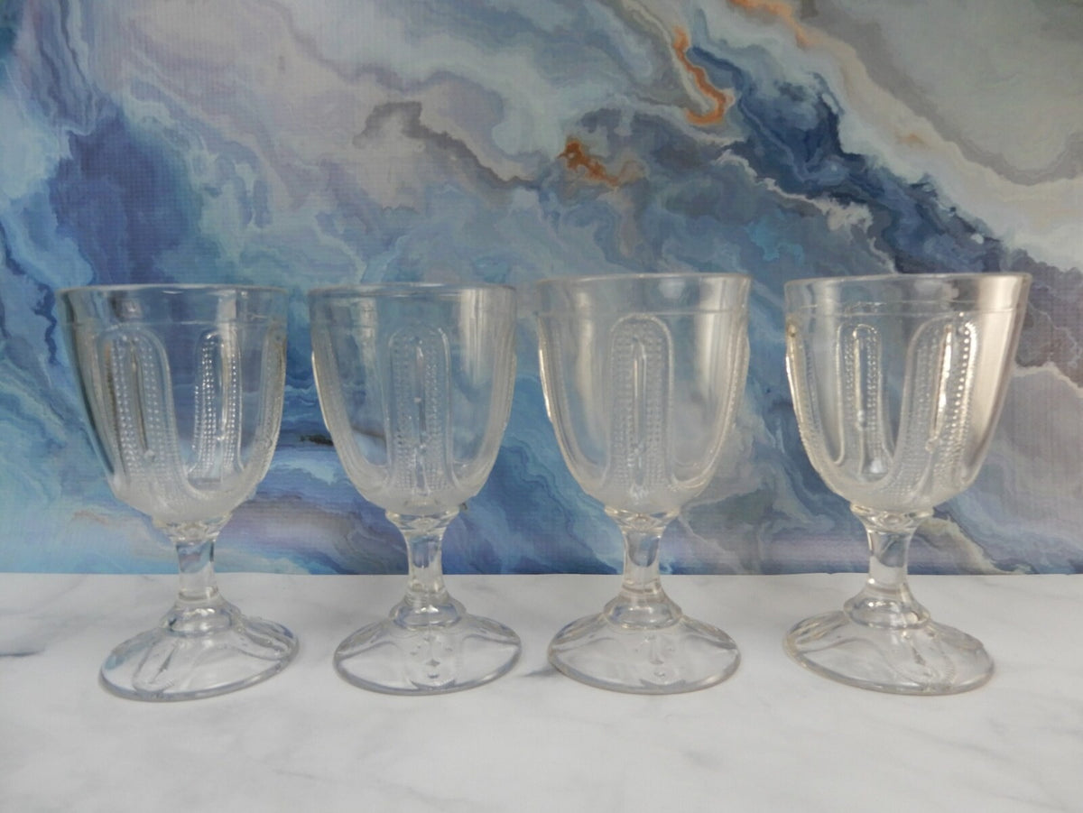 4 Curtain Tie Back Water Goblet Tumblers Early American Pattern Glass Adams & Co