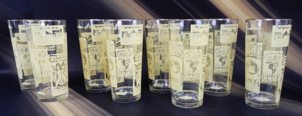 8 Piece Vintage High Ball Yellow Glass Travel Tumblers World Destination 16 oz