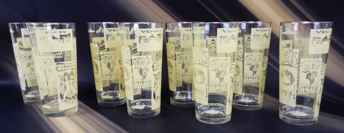 8 Piece Vintage High Ball Yellow Glass Travel Tumblers World Destination 16 oz