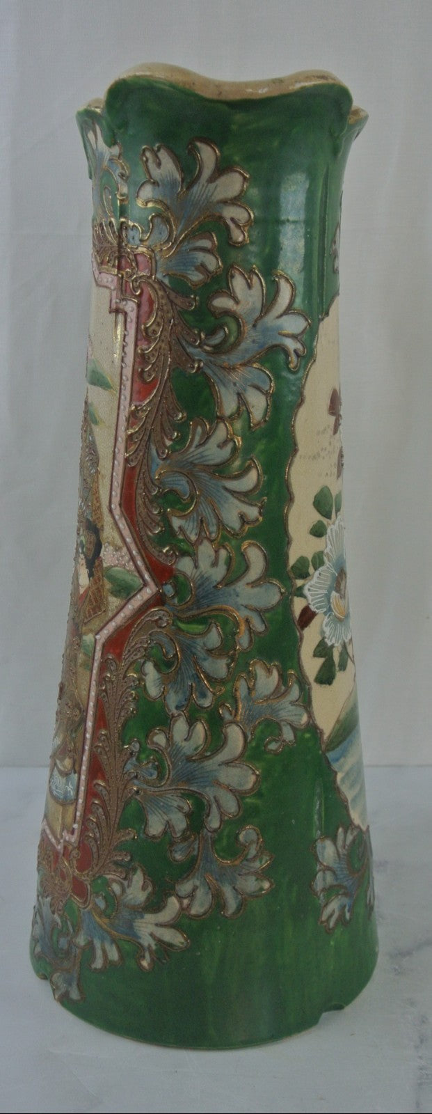 Japanese Satsuma Hand Painted Slipware Earthenware Ewer 16" High