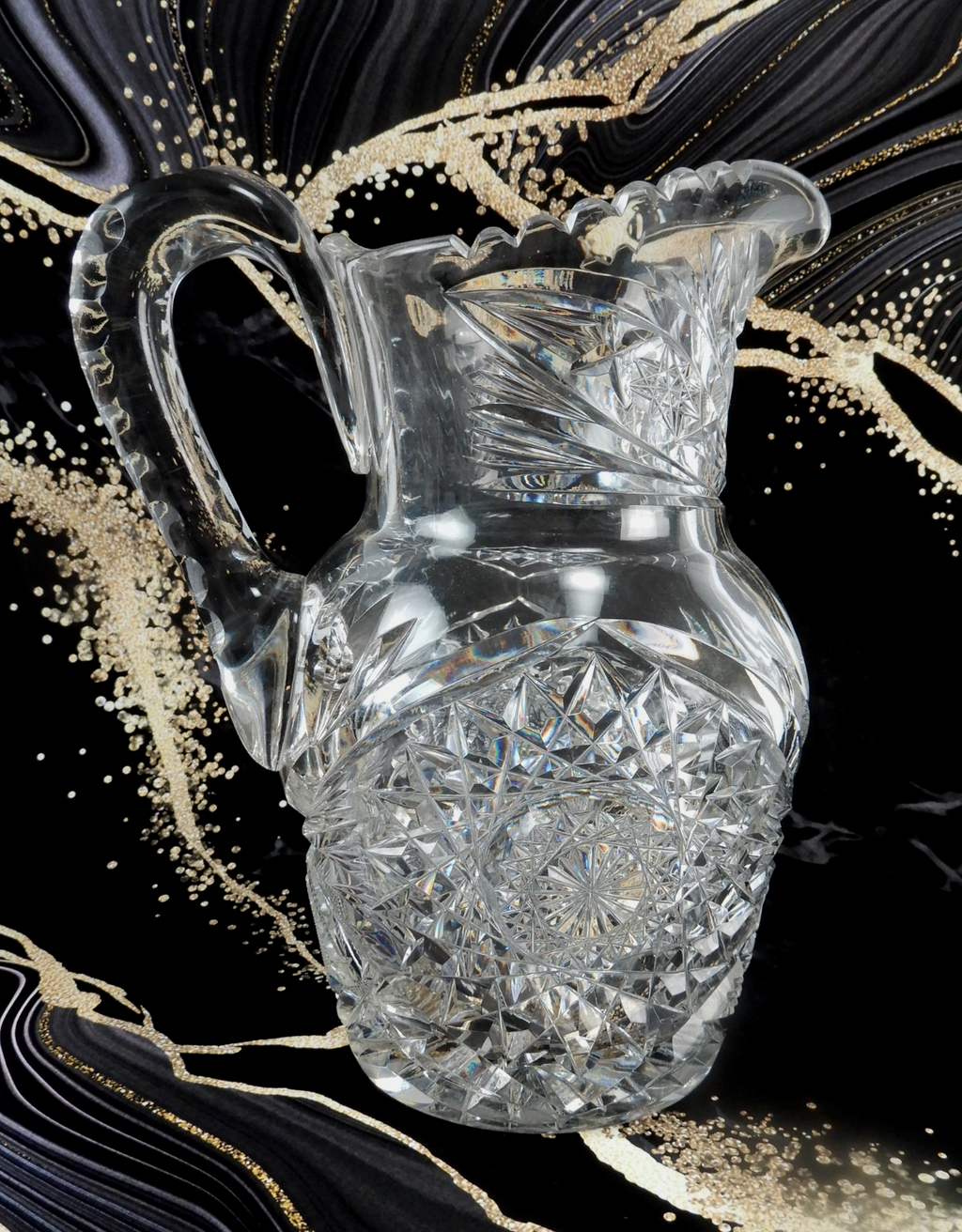 American Brilliant Period ABP Heavy Crystal Cut Glass Hobstar,Fan Notched Handle