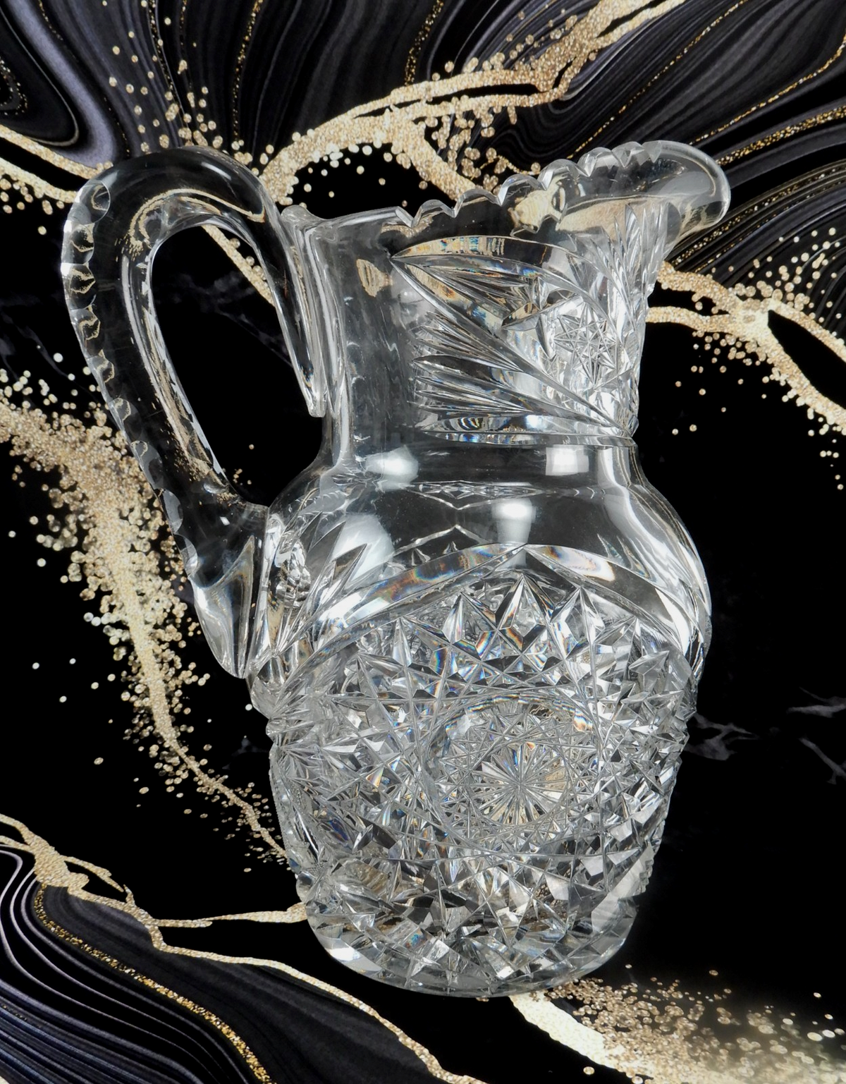American Brilliant Period ABP Heavy Crystal Cut Glass Hobstar,Fan Notched Handle
