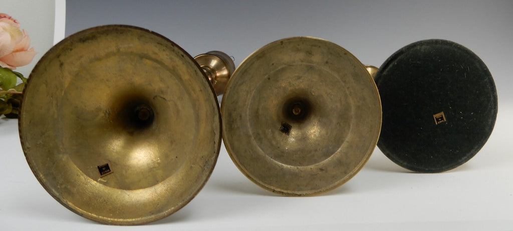 Three Vintage Brass Tiered Candle Holders W/Glass Shades 21-3/8", 19-1/4", 16"