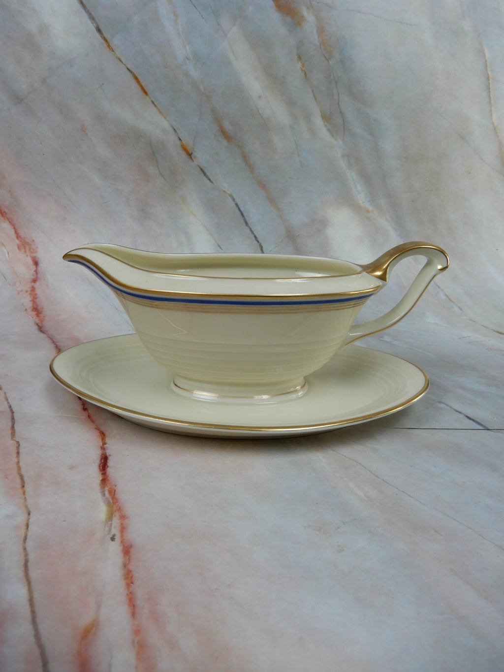 Vintage Eamag Schönwald Bavaria Gold and Cobalt Blue Rim Gravy Boat