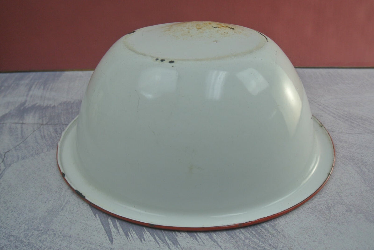 Pair Of Vintage Vintage White Black and Red Trimmed Enamelware As Is