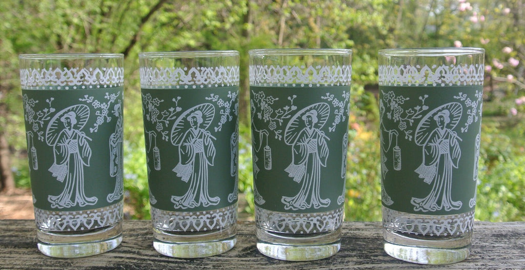 Set 4 Highball "Flower Festival" Green Geisha Glass Tumblers
