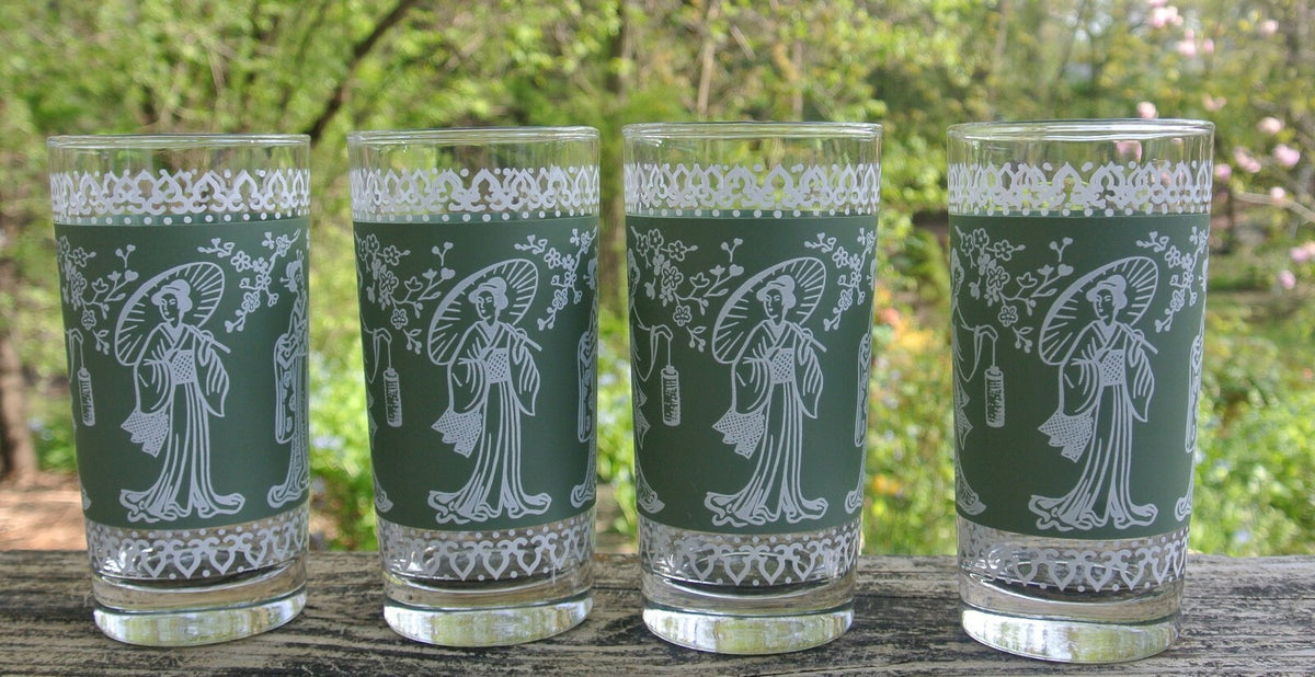 Set 4 Highball "Flower Festival" Green Geisha Glass Tumblers