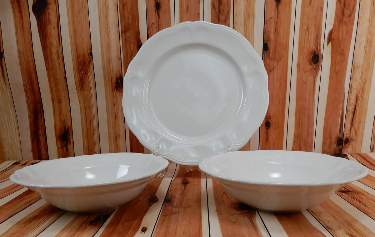 Federalist Ironstone White Made in Japan Round Cake Plates and Two Serving Bowls