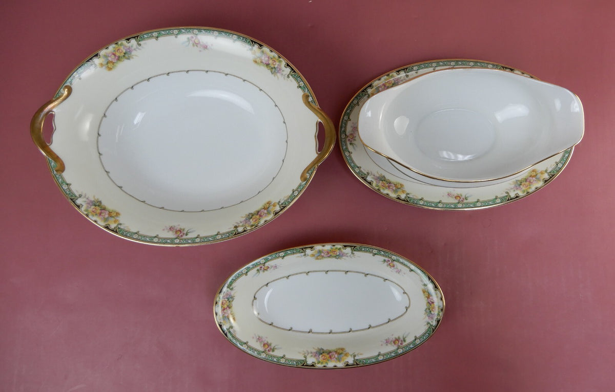 Vintage Noritake "Estelle" Japan Gravy Boat, Oval Serving Bowl and Relish Dish