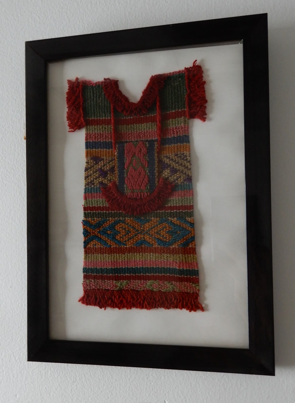 Pair of Precolombian Woven Textile Small Doll Dress Framed 11" X  8"