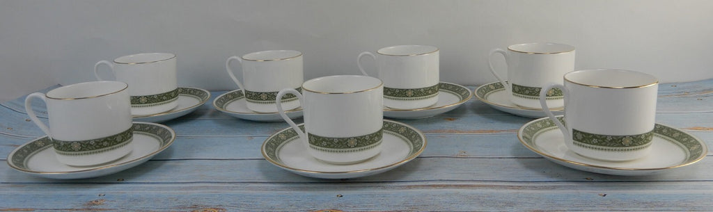 Royal Doulton Rondelay Gold Green Band H5004 Set of 7 Espresso Cups and Saucers