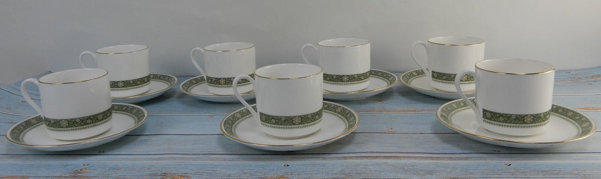 Royal Doulton Rondelay Gold Green Band H5004 Set of 7 Espresso Cups and Saucers