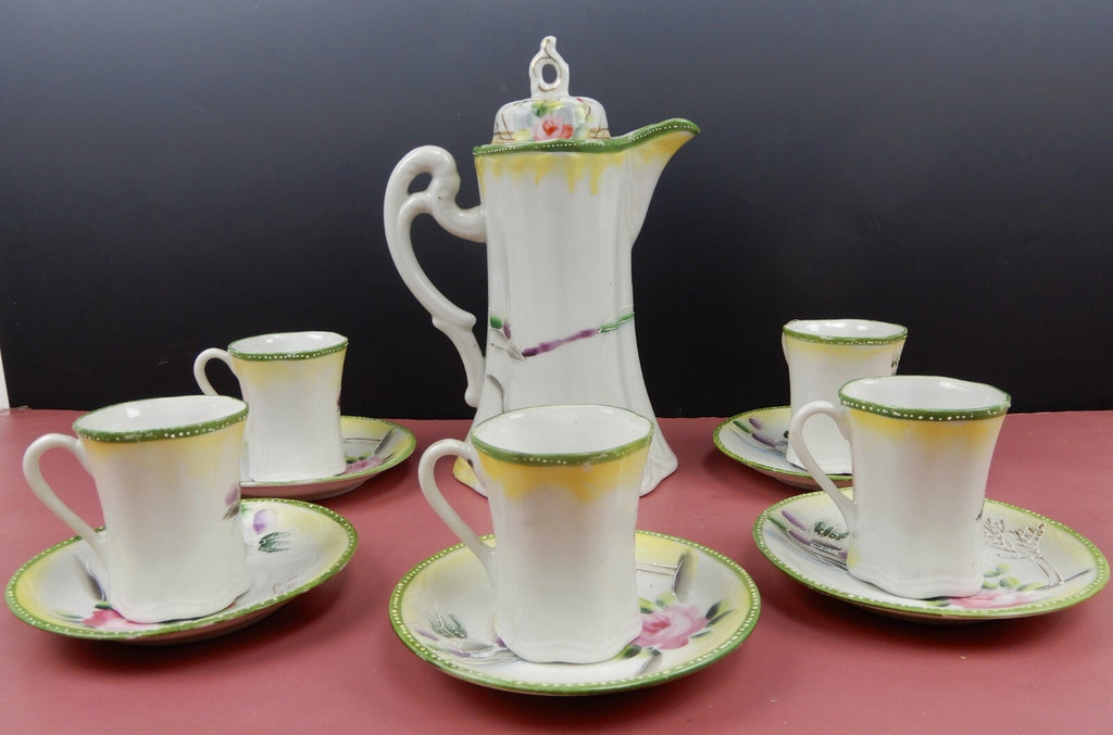 Vintage Nippon Takito TT Chocolate Pot w/ 5 Cups and Saucers Hand Painted