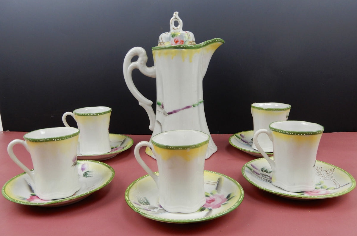 Vintage Nippon Takito TT Chocolate Pot w/ 5 Cups and Saucers Hand Painted