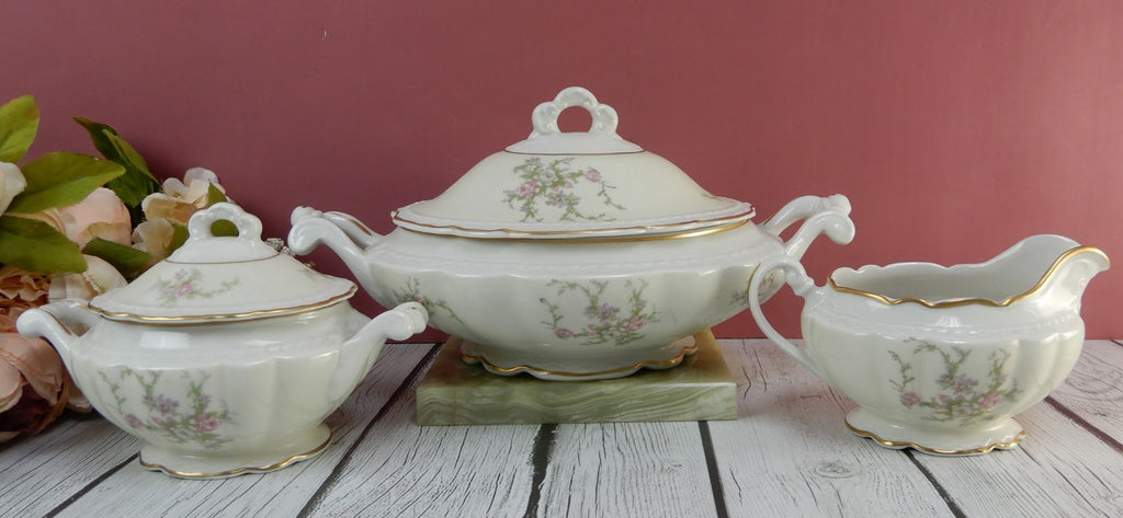 Vtg. Arcadian Fine China "Old Rose" Covered Vegetable Bowl ,Creamer & Sugar Bowl