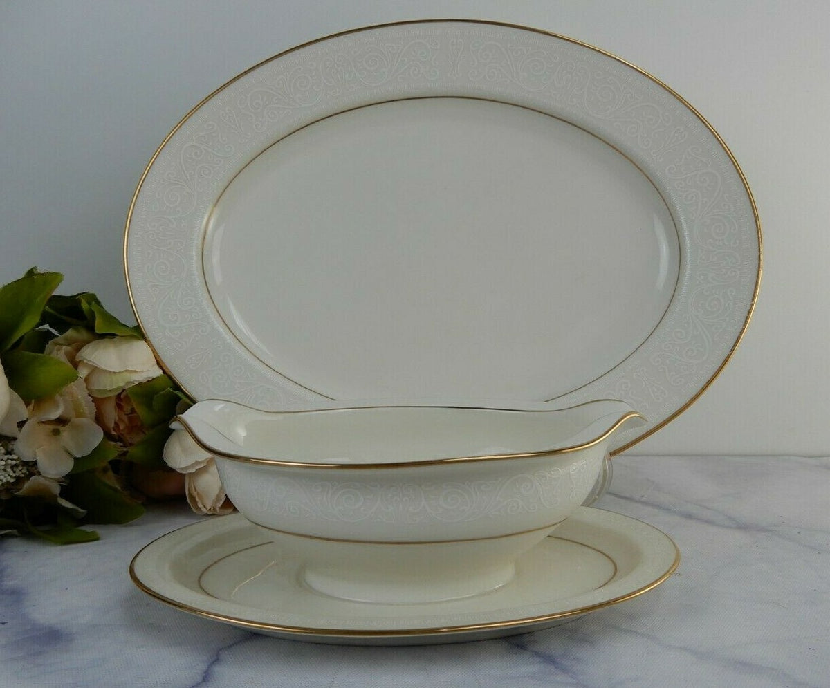 Porcelain Noritake Tulane 7562 Pattern Platter and Gravy Boat