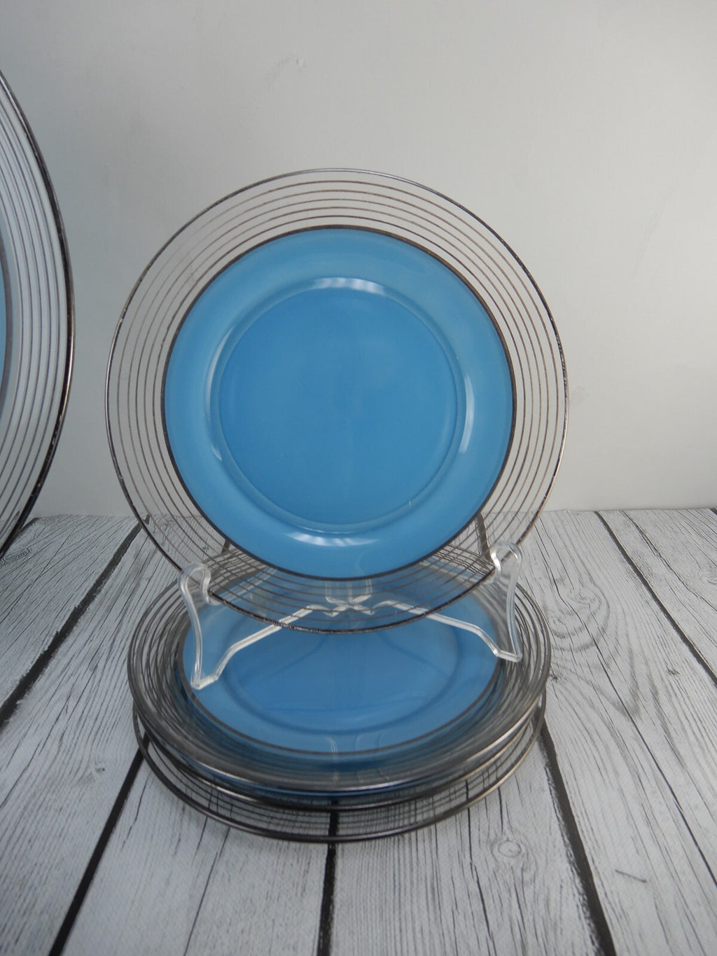 Set of Silver Rim Glass Blue Color Cake Plate and 8 Piece 7-1/2" Dessert Plates