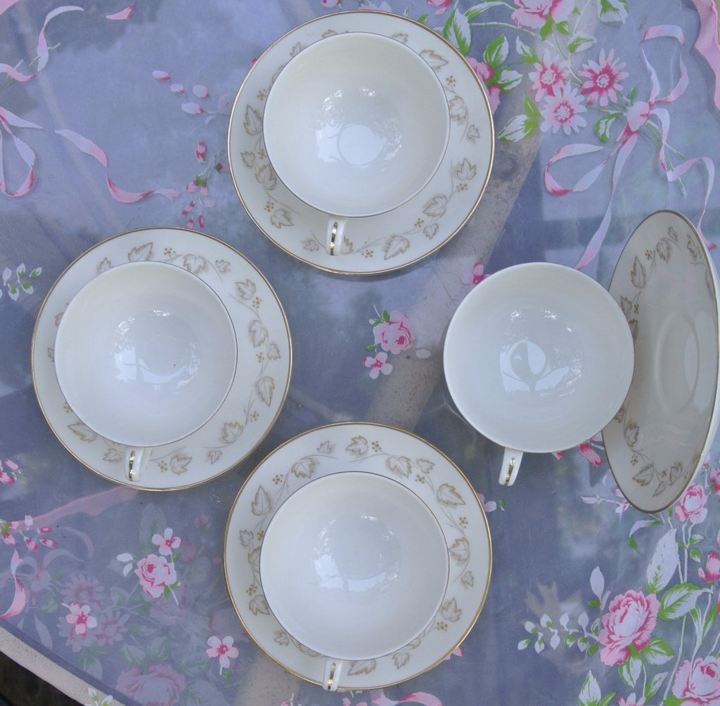 Set of 4 Noritake Ivory China Cups and Saucers "Gold Ivy" Pattern #7531